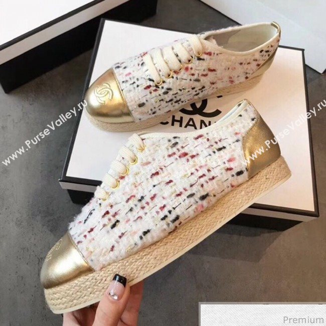 Chanel Tweed Lace-Up Espadrilles Sneakers G34424 White/Pink/Gold 2018 (EM-9030933)