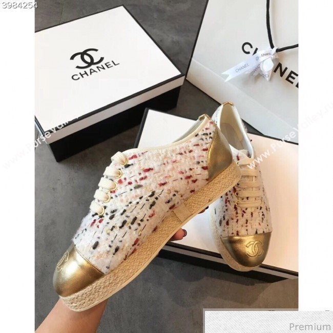 Chanel Tweed Lace-Up Espadrilles Sneakers G34424 White/Pink/Gold 2018 (EM-9030933)