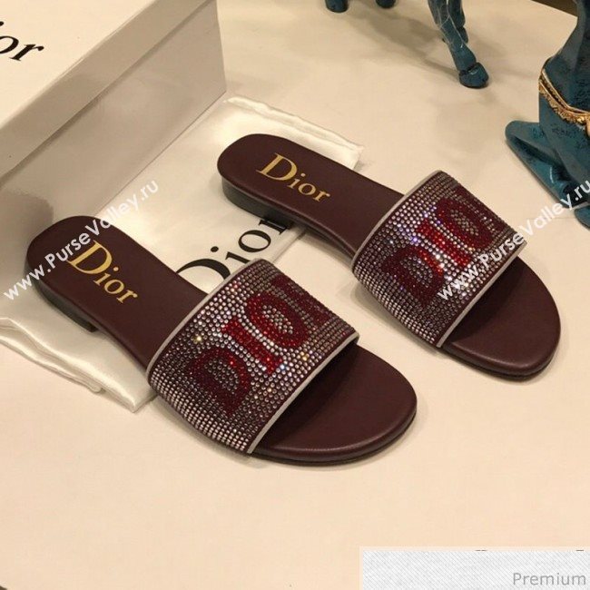 Dior Crystal Flat Slide Sandals Burgundy 2019 (ANDI-9041651)