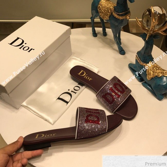 Dior Crystal Flat Slide Sandals Burgundy 2019 (ANDI-9041651)