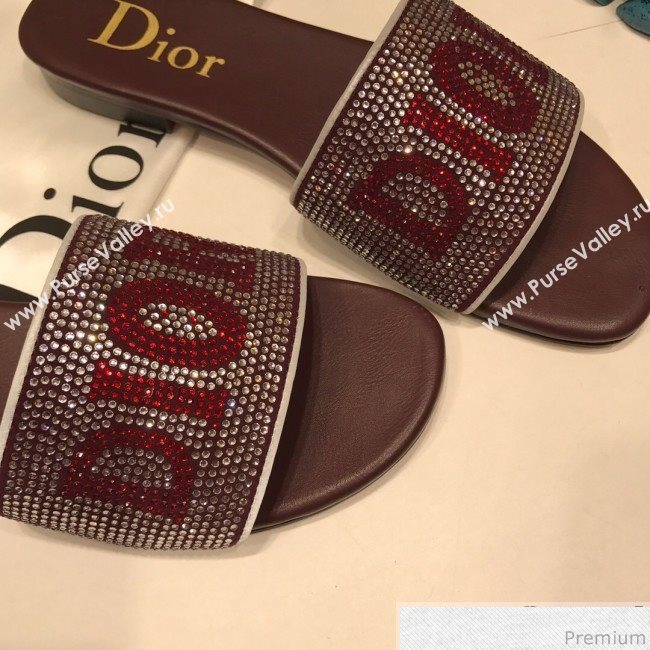 Dior Crystal Flat Slide Sandals Burgundy 2019 (ANDI-9041651)