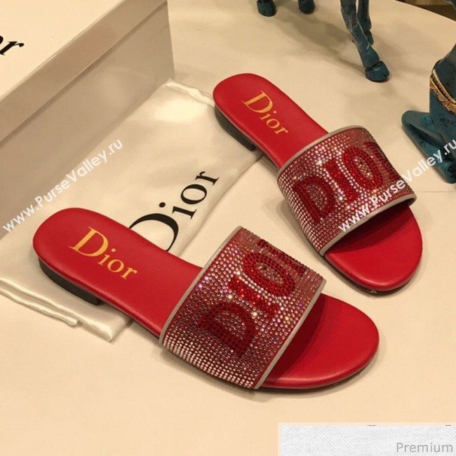 Dior Crystal Flat Slide Sandals Red 2019 (ANDI-9041652)