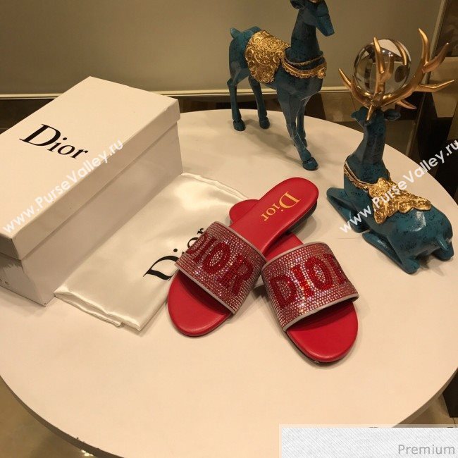 Dior Crystal Flat Slide Sandals Red 2019 (ANDI-9041652)