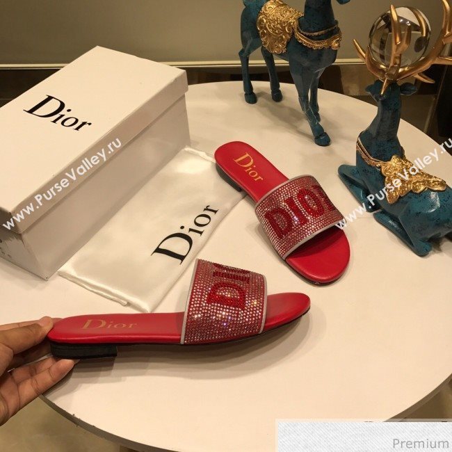 Dior Crystal Flat Slide Sandals Red 2019 (ANDI-9041652)