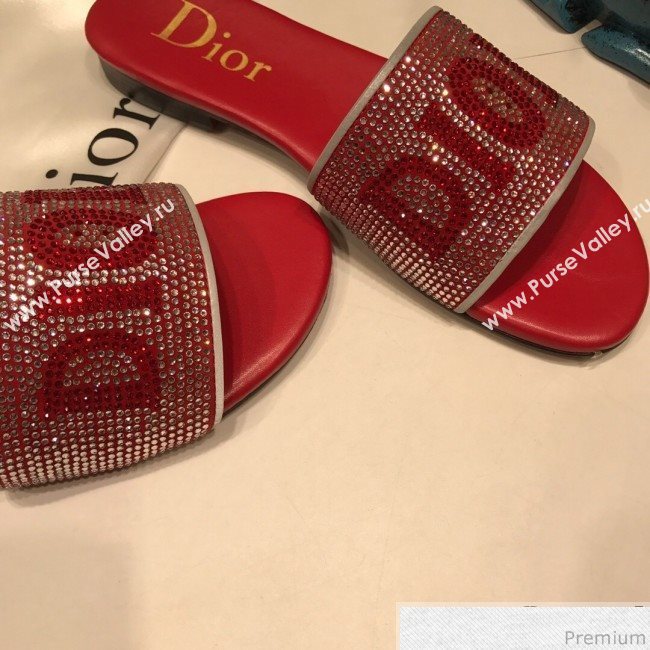 Dior Crystal Flat Slide Sandals Red 2019 (ANDI-9041652)