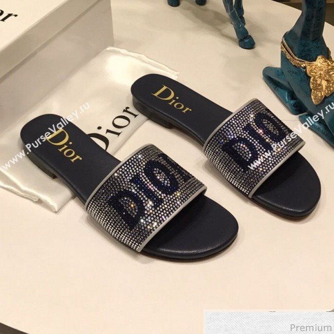 Dior Crystal Flat Slide Sandals Blue 2019 (ANDI-9041654)