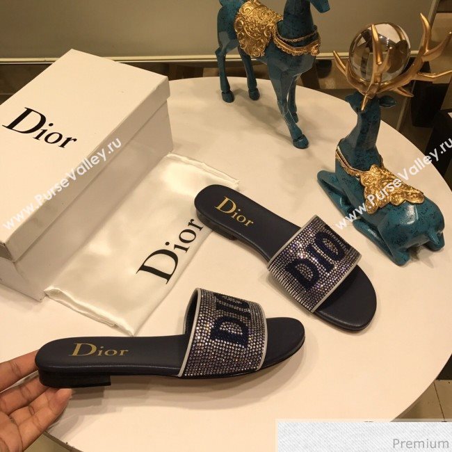 Dior Crystal Flat Slide Sandals Blue 2019 (ANDI-9041654)