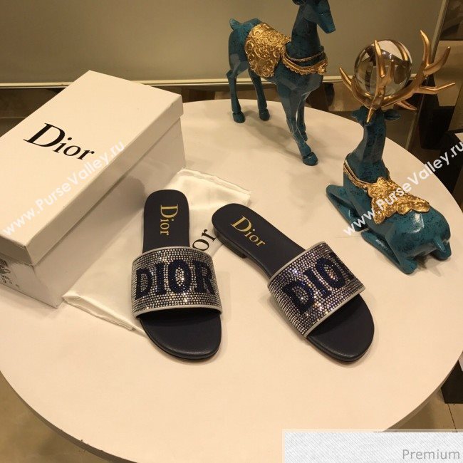 Dior Crystal Flat Slide Sandals Blue 2019 (ANDI-9041654)