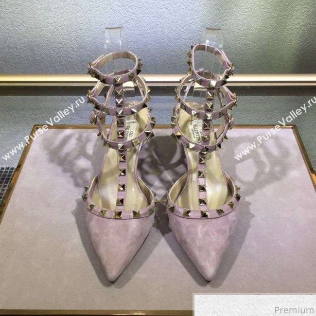 Valentino Rockstud Suede Ankle Mid-Heel Sandals Pink (XINL-9041247)