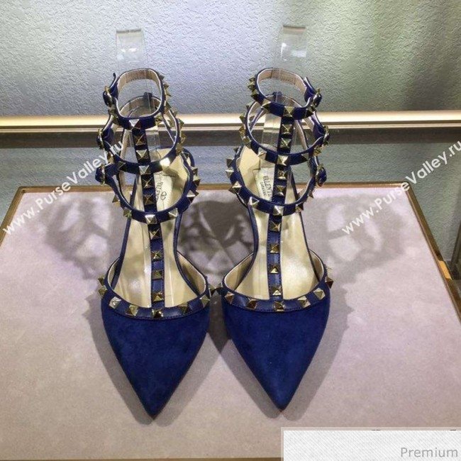 Valentino Rockstud Suede Ankle Mid-Heel Sandals Blue (XINL-9041249)