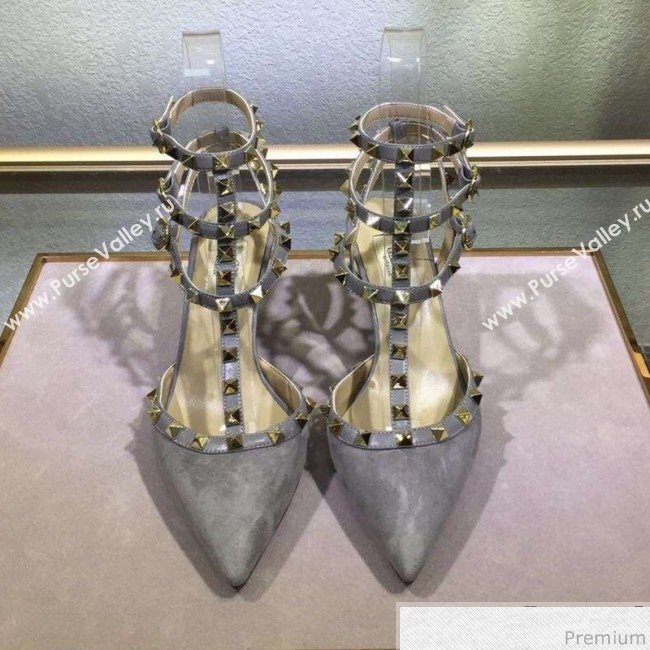 Valentino Rockstud Suede Ankle Mid-Heel Sandals Grey (XINL-9041250)