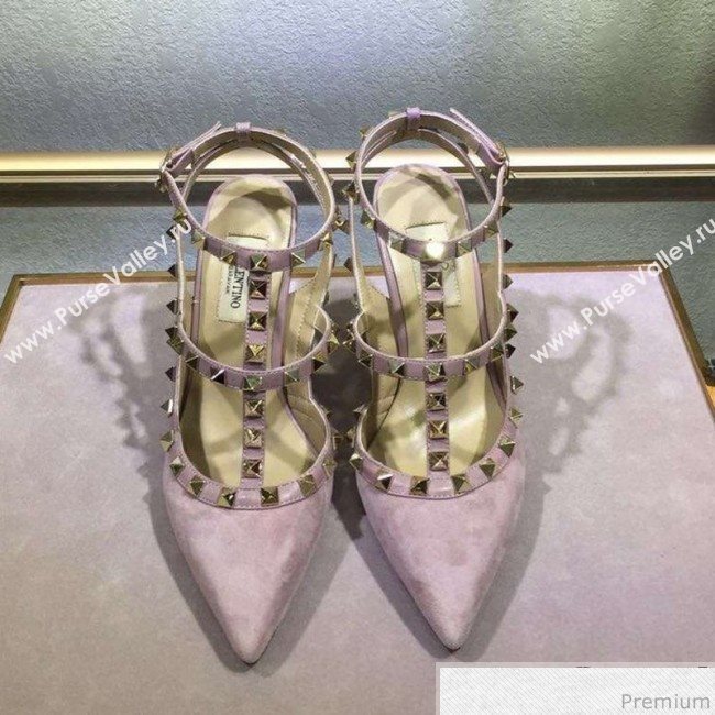 Valentino Rockstud Suede Ankle Heel Sandals Pink (XINL-9041241)