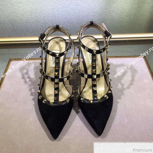 Valentino Rockstud Suede Ankle Heel Sandals Black (XINL-9041242)