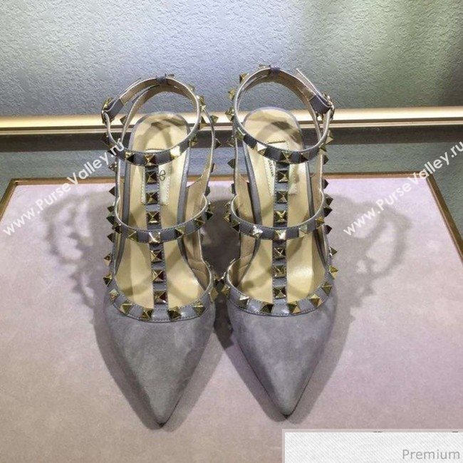 Valentino Rockstud Suede Ankle Heel Sandals Grey (XINL-9041243)