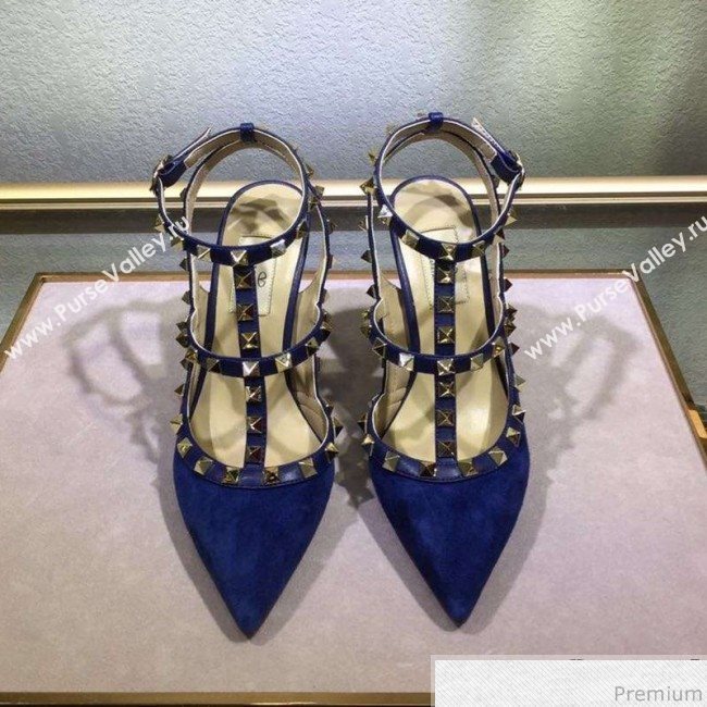 Valentino Rockstud Suede Ankle Heel Sandals Blue (XINL-9041244)