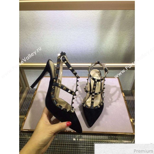 Valentino Rockstud Suede Ankle Heel Sandals Black (XINL-9041242)