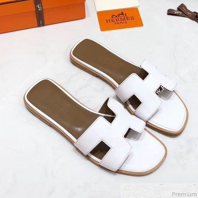 Hermes Oran H Slide Flat Sandals White (KER-9031363)