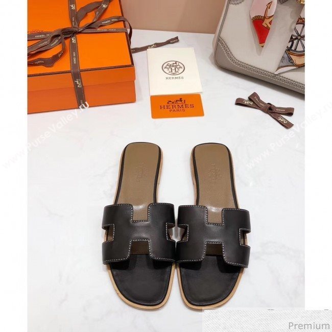 Hermes Oran H Slide Flat Sandals Black (KER-9031364)