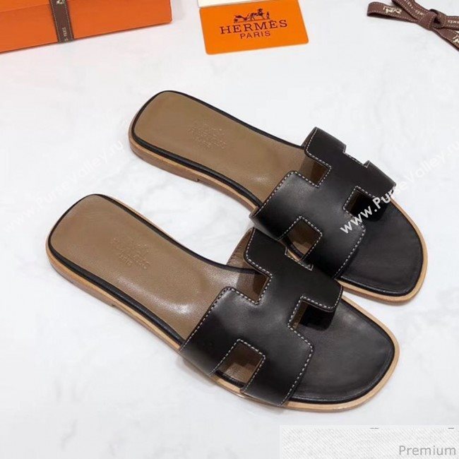 Hermes Oran H Slide Flat Sandals Black (KER-9031364)