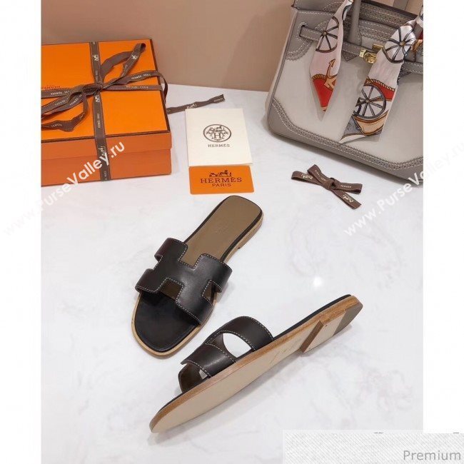 Hermes Oran H Slide Flat Sandals Black (KER-9031364)