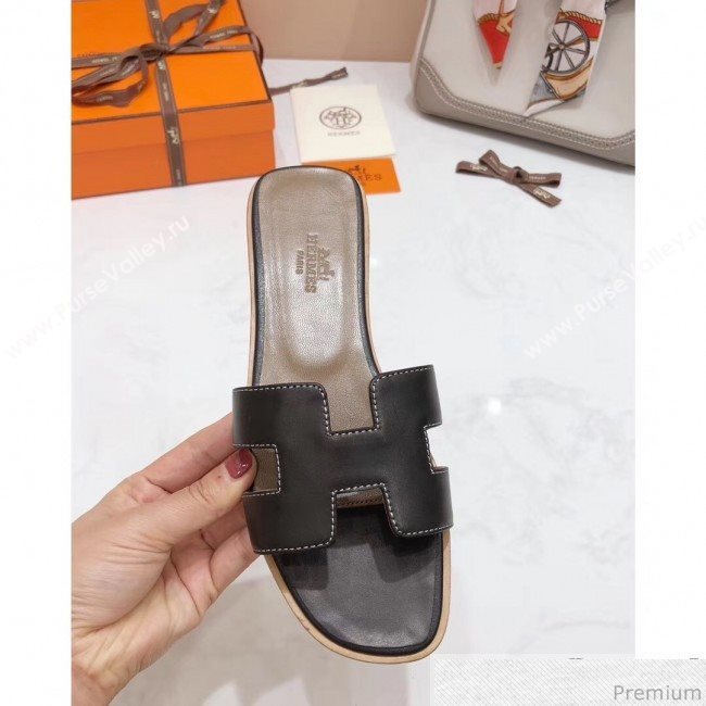 Hermes Oran H Slide Flat Sandals Black (KER-9031364)