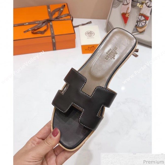 Hermes Oran H Slide Flat Sandals Black (KER-9031364)