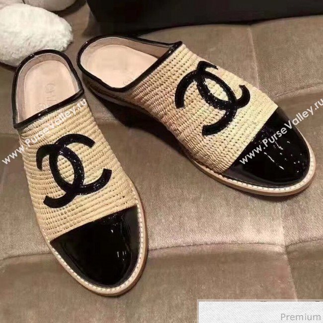 Chanel Flat Straw and Lambskin Mules Black 2019 (LEG-9031166)