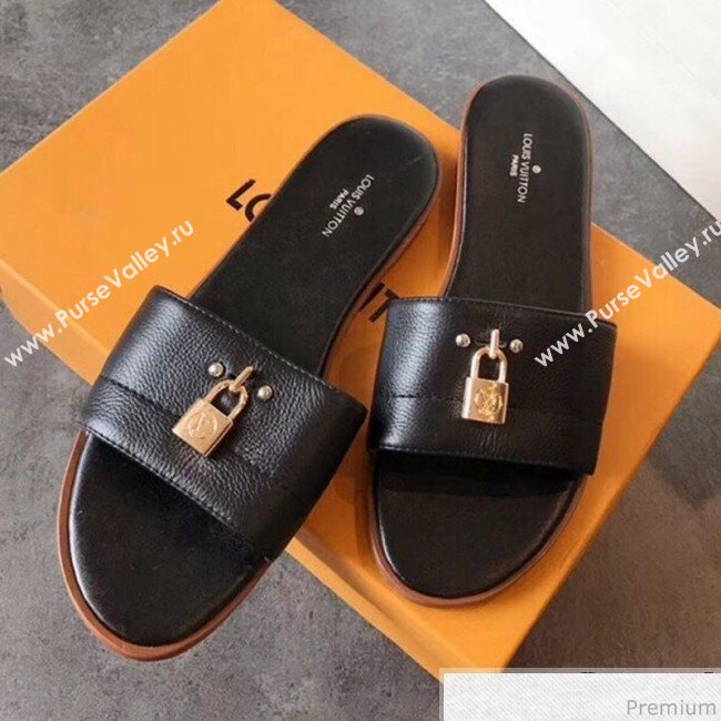 Louis Vuitton Lock It Flat Slide Sandals 1A4FG7 Black Leather 2019 (EM-9041334)