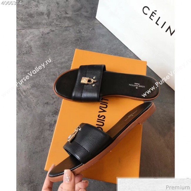 Louis Vuitton Lock It Flat Slide Sandals 1A4FG7 Black Leather 2019 (EM-9041334)