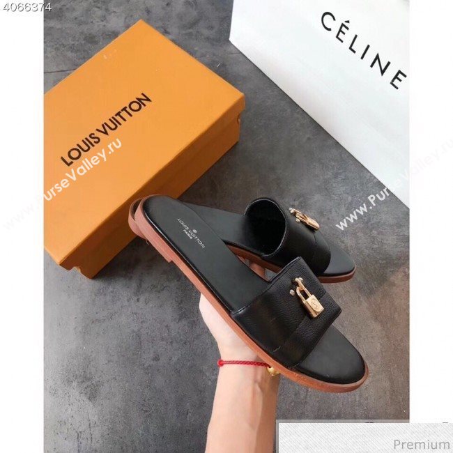 Louis Vuitton Lock It Flat Slide Sandals 1A4FG7 Black Leather 2019 (EM-9041334)