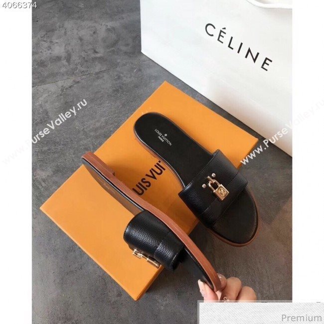 Louis Vuitton Lock It Flat Slide Sandals 1A4FG7 Black Leather 2019 (EM-9041334)