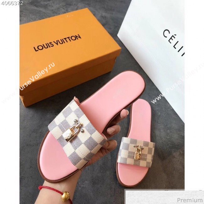 Louis Vuitton Lock It Flat Slide Sandals 1A4WYA Damier Azur Canvas 2019 (EM-9041332)