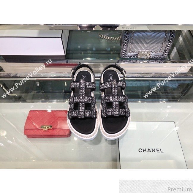 Chanel Pearls Tweed Flat Sandals G34505 Black/Silver 2019 (XO-9041629)