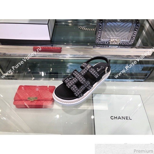 Chanel Pearls Tweed Flat Sandals G34505 Black/Silver 2019 (XO-9041629)