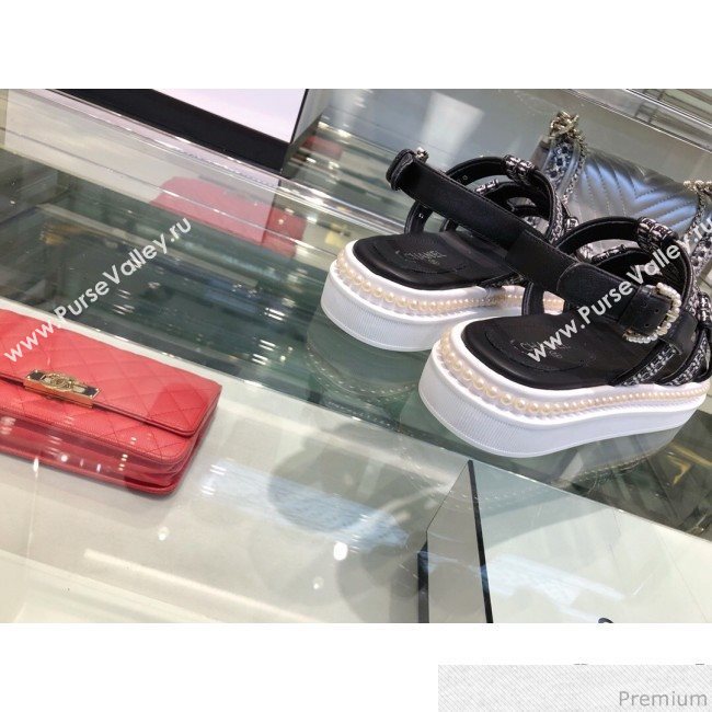Chanel Pearls Tweed Flat Sandals G34505 Black/Silver 2019 (XO-9041629)