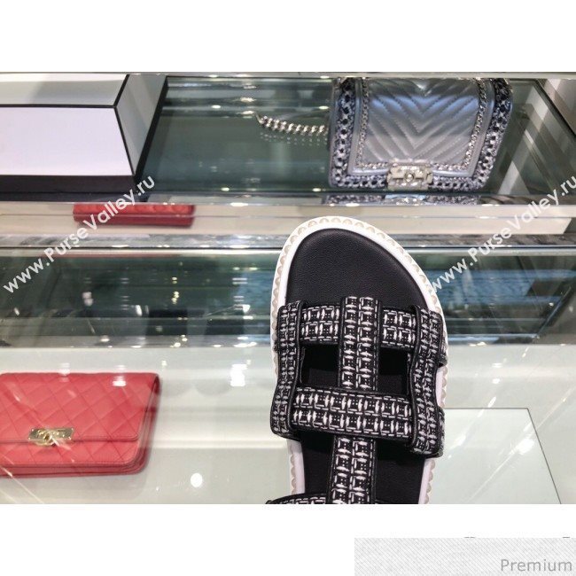Chanel Pearls Tweed Flat Sandals G34505 Black/Silver 2019 (XO-9041629)