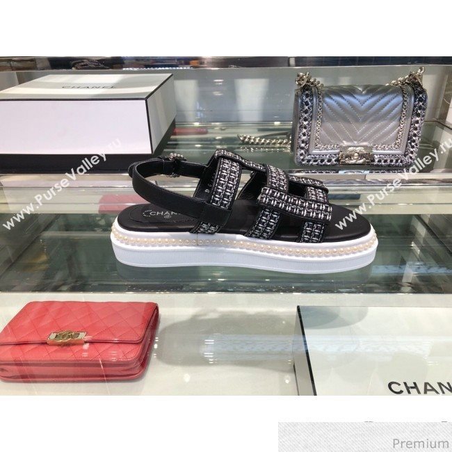 Chanel Pearls Tweed Flat Sandals G34505 Black/Silver 2019 (XO-9041629)