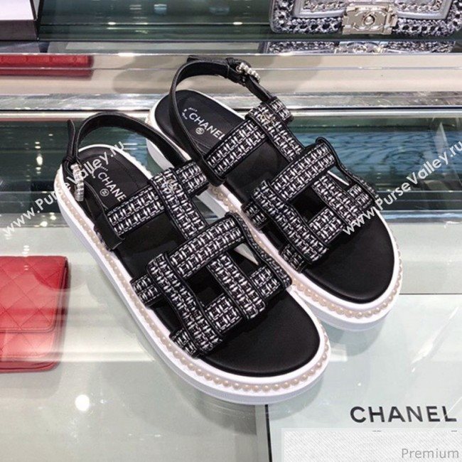 Chanel Pearls Tweed Flat Sandals G34505 Black/Silver 2019 (XO-9041629)