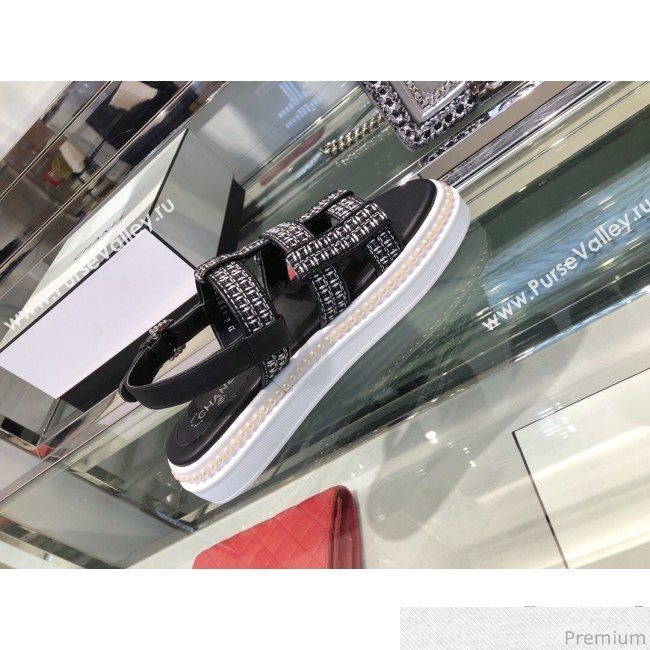 Chanel Pearls Tweed Flat Sandals G34505 Black/Silver 2019 (XO-9041629)