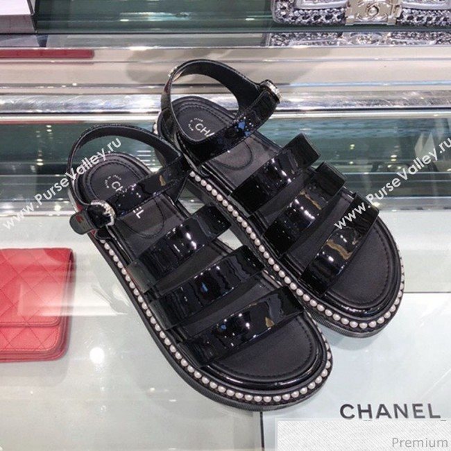 Chanel Patent Calfskin Pearls Flat Sandals G32359 Black 2019 (XO-9041630)
