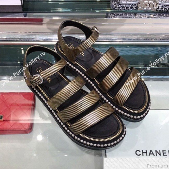 Chanel Metallic Pearls Flat Sandals G32359 Gold 2019 (XO-9041631)