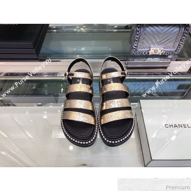 Chanel Metallic Crinkle Pearls Flat Sandals G32359 Light Gold 2019 (XO-9041632)
