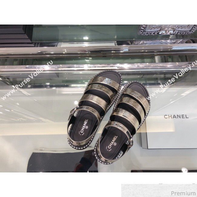 Chanel Metallic Crinkle Pearls Flat Sandals G32359 Light Gold 2019 (XO-9041632)