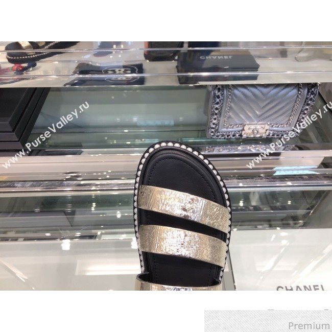 Chanel Metallic Crinkle Pearls Flat Sandals G32359 Light Gold 2019 (XO-9041632)