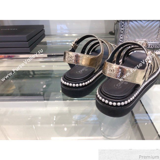 Chanel Metallic Crinkle Pearls Flat Sandals G32359 Light Gold 2019 (XO-9041632)
