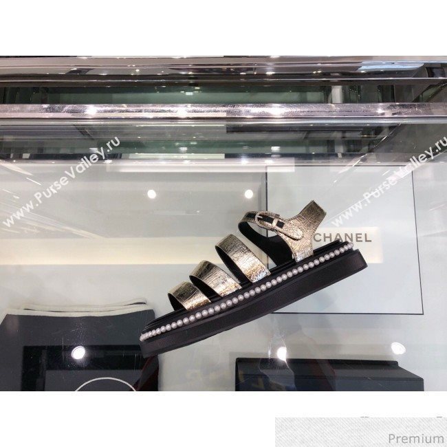 Chanel Metallic Crinkle Pearls Flat Sandals G32359 Light Gold 2019 (XO-9041632)