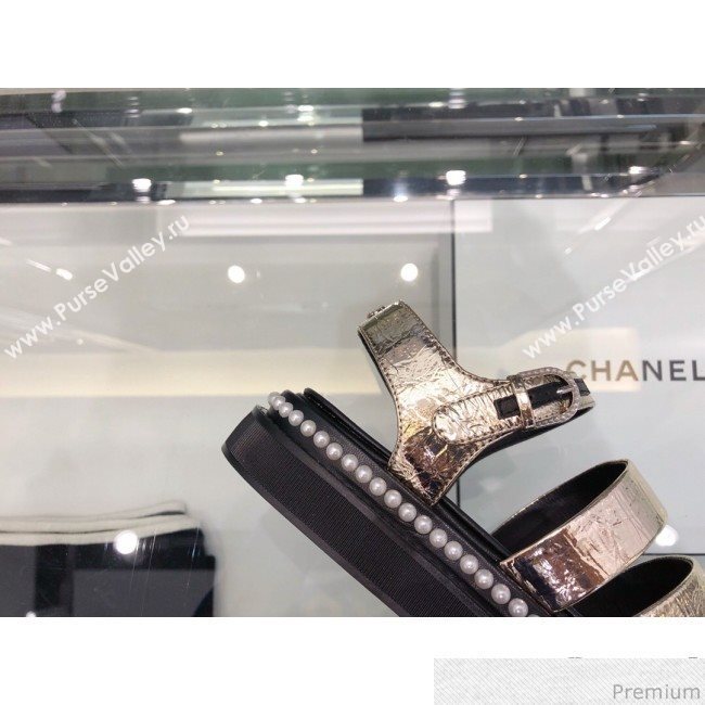 Chanel Metallic Crinkle Pearls Flat Sandals G32359 Light Gold 2019 (XO-9041632)