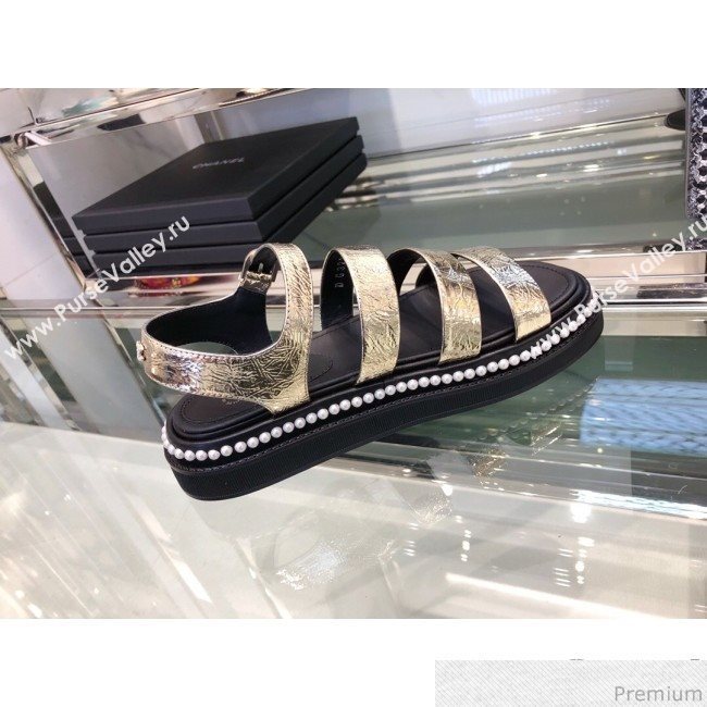 Chanel Metallic Crinkle Pearls Flat Sandals G32359 Light Gold 2019 (XO-9041632)