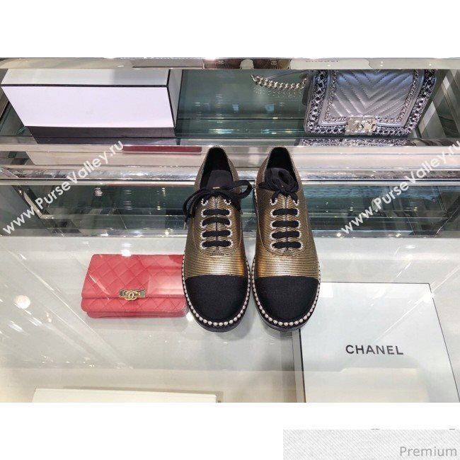 Chanel Metallic Pearls Lace-ups Sneakers G32357 Gold 2019 (XO-9041634)