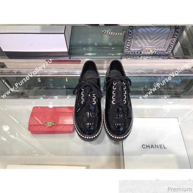 Chanel Patent Calfskin Pearls Lace-ups Sneakers G32357 Black 2019 (XO-9041633)